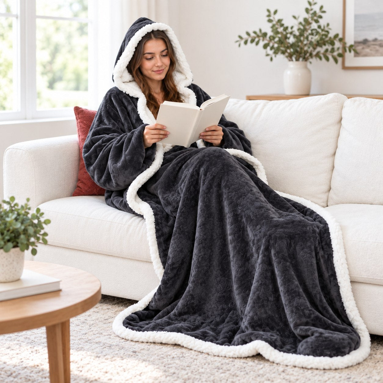 A woman relaxing on a sofa in a gray CozyHaven wearable blanket