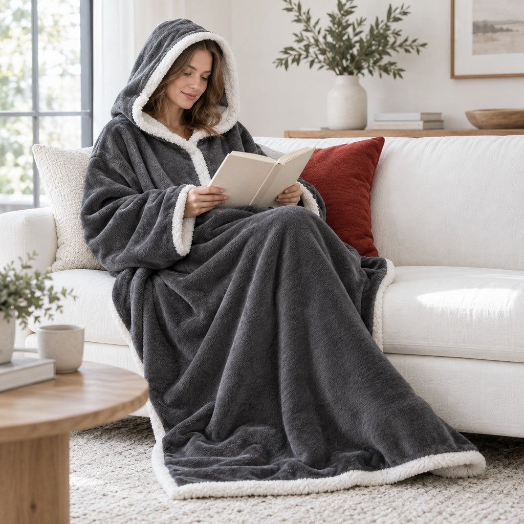 A woman reading on the sofa in a gray wearable blanket