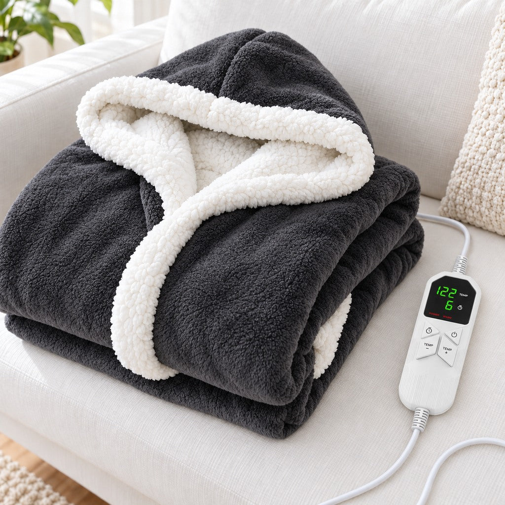 A gray wearable blanket and its detachable controller ready to use